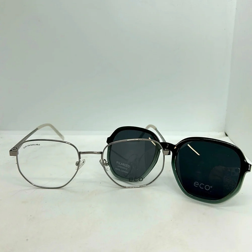 ECO Unisex Caraway SIL Eyeglasses Frames & Polarized Sun Clip On. RXable NWT